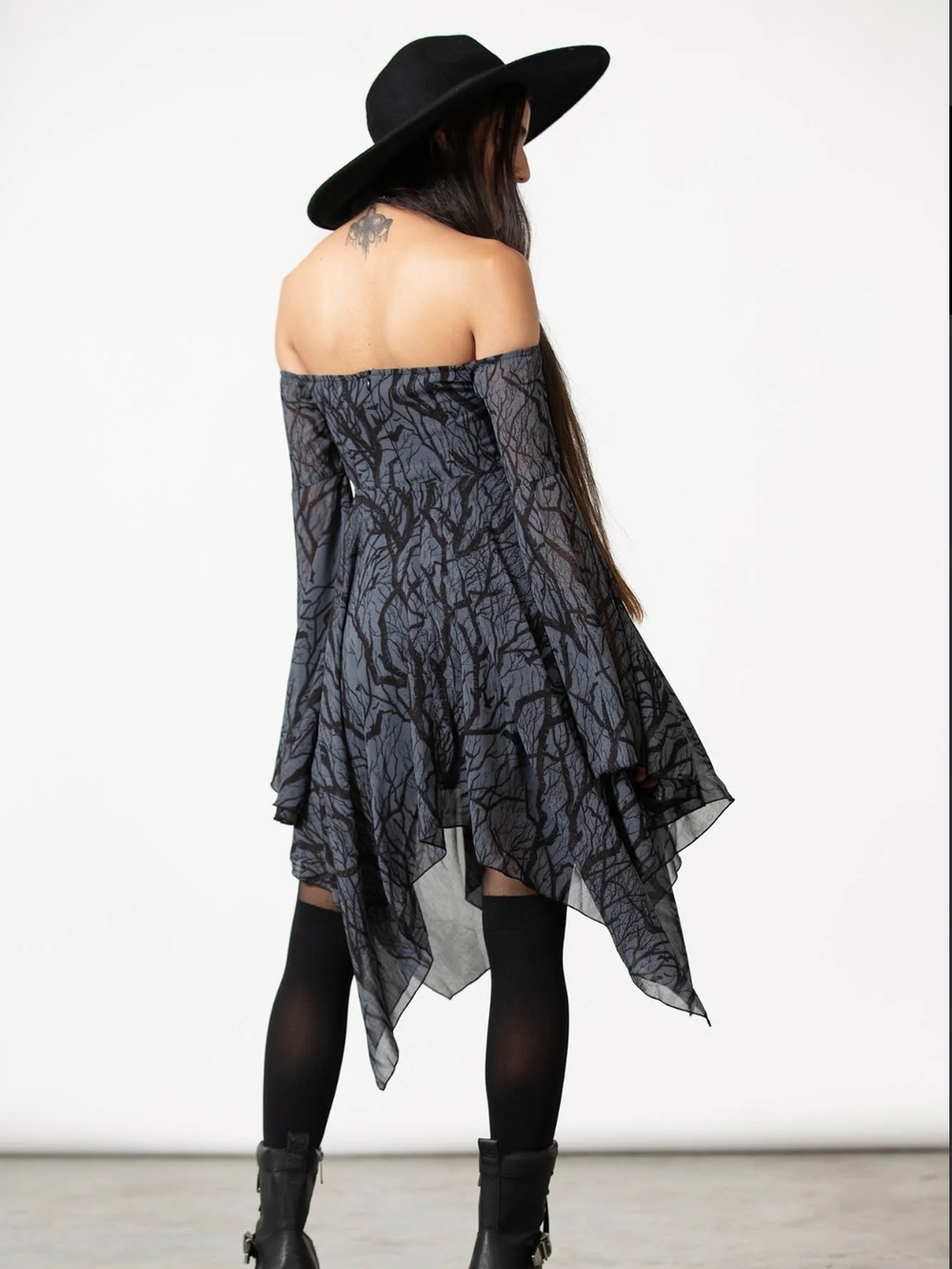 Killstar Gothic Lace-Up Asymmetrical Black & Gray Off-Shoulder Dress - Picture 8 of 8